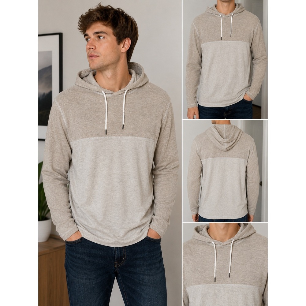 BKE Mens Colorblock Hoodie Tan Beige Slub Knit Pullover Washed/Unworn